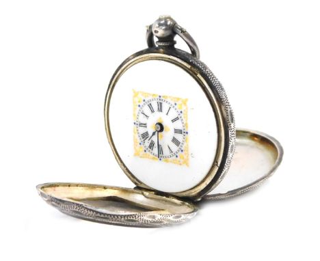 A late 19thC silver fob watch, the square set dial with white enamel back and gilt and blue detailing, with blue hands, in a 