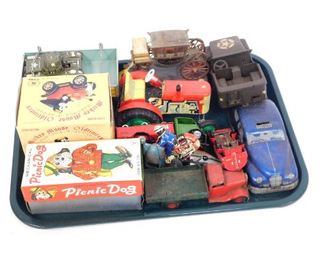 Various tin plate and clockwork toys, comprising a mechanical picnic dog, Mickey Mouse Old Timers, Tri-ang Toys jeep, modern 