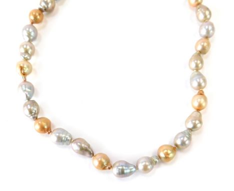 A pearl necklace, with multi coloured natural pearl links, in a cream, orange and grey overall lustre, the beads approximatel