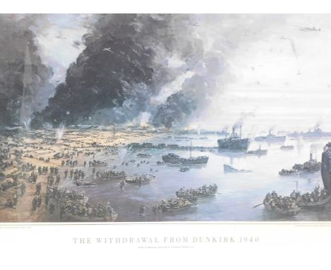 After Charles Cundall RA. The Withdrawal From Dunkirk 1940, print, 35cm x 54cm, mounted and framed.
