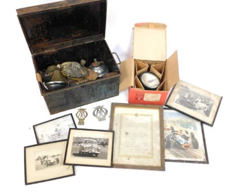 Automobila Interest.  Two AA badges, motorcycle sketches, tin trunk, Lucas electrical equipment, bulbs, etc.  (a quantity)  