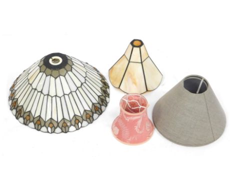 Various light shades, comprising a Tiffany style light shade, 35cm high, a mother of pearl style shade, 20cm wide, a small pi
