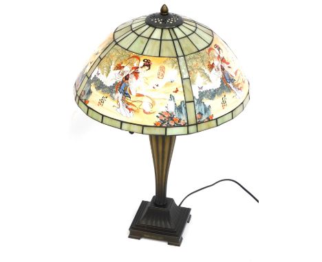 A Eastern inspired table lamp, on square set foot with a green oriental shade, 75cm high.