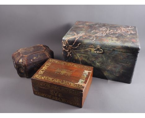 A leather case tea caddy with bone handles, a brass inlaid writing slope and a Japanese style box, 15" wide x 9" deep x 11 3/