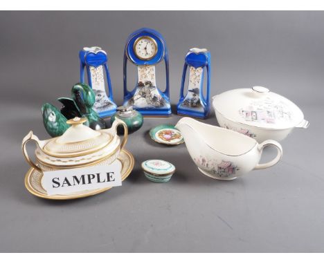 Two mid century Alfred Meakin tureens, a Doulton vase, a 19th century sugar basin, a Japanese style blue glazed mantel clock 