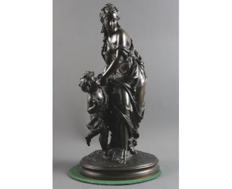 A Pierre Eugene Emile Herbert 19th century dark patinated bronze, "Testing the Water" oval base, signed in the maquette, 16" 