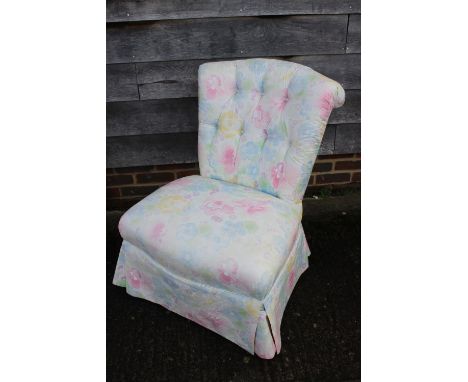 A bedroom chair, upholstered in a floral glazed chintz, a 19th century walnut towel rail with pierced end splay supports, 22"
