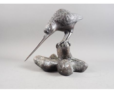 A late 19th century Japanese bronze figure of a water rail on rock, 7 1/2" high