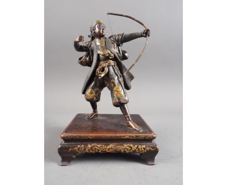 Miyao Eisuke: a late 19th century Japanese mixed metal bronze figure of an archer, on lacquered hardwood stand, 6 3/4" highCo