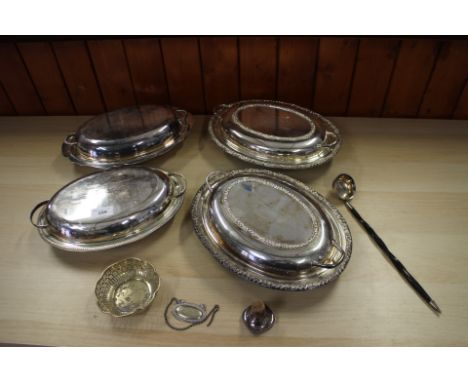 Four silver plated entree dishes, a toddy ladle and other items