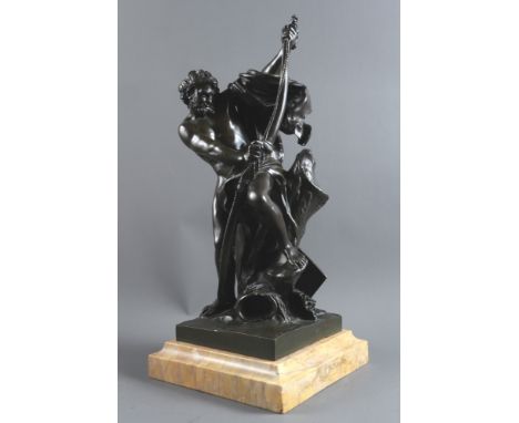 After Jacques Bousseau: a French bronze figure of Ulysses bending his bow, on stepped yellow marble base, 15" high