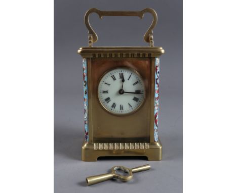 A French Couillet Freres enamel masked dial carriage clock, in champleve inlaid brass case, 4 3/4" high