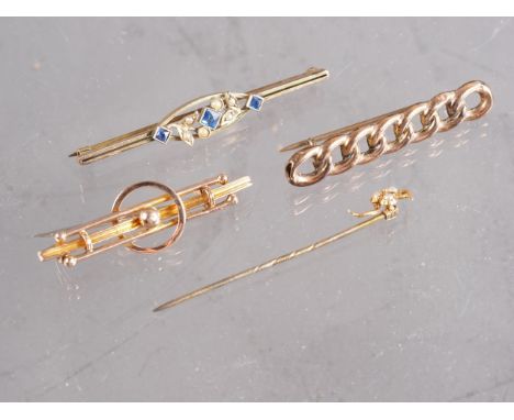 Three 9ct gold bar brooches and a stick pin, 7.8g gross