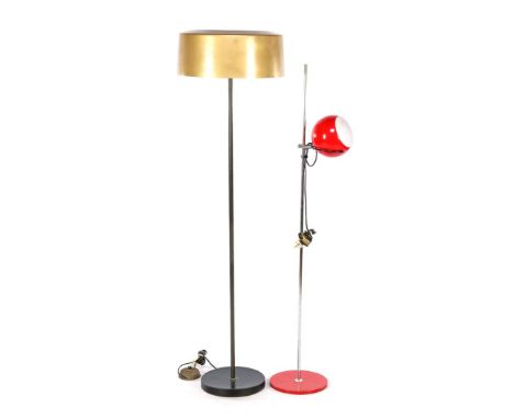 lot 3-light metal floor lamp with gold-lacquered shade, 155 cm high, and adjustable floor lamp with red lacquered sphere and 