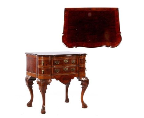 Classic burr walnut veneer 6-drawer commode in Chippendale style with contoured top and standing on beautifully decorated con