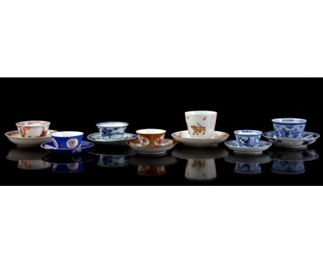 7 porcelain cups and saucers, China17th and 18th century, bumelk and blood with a decor of a man riding an ox with a cow on a