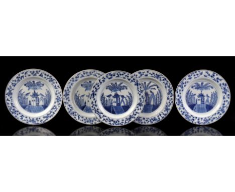 5 porcelain dishes with a decor of a cuckoo from a house surrounded by a richly decorated flower border, China Kangxi period,
