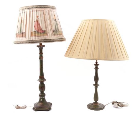 2 wooden painted table lamp bases with upholstered shades 78 cm and 90 cm high. Provenance collection Castle Frymerson in Sin