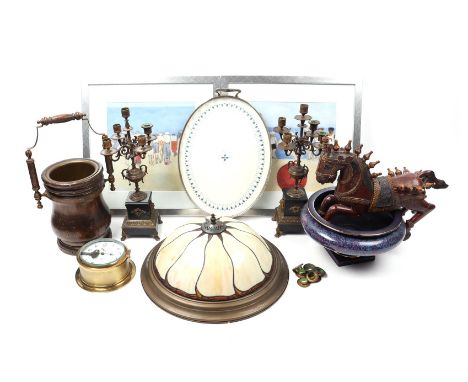 Lot various incl. English brass ship's clock, wooden polychrome decorated horse, two 4-light candlesticks, porcelain tray, wa