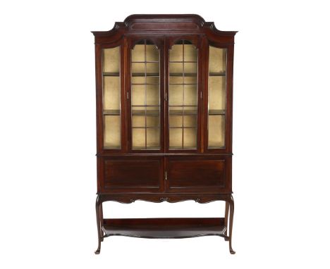 Walnut English display cabinet with 2 glazed doors, upholstered inner cupboard, 2 closed doors and bottom shelf 198 cm high, 