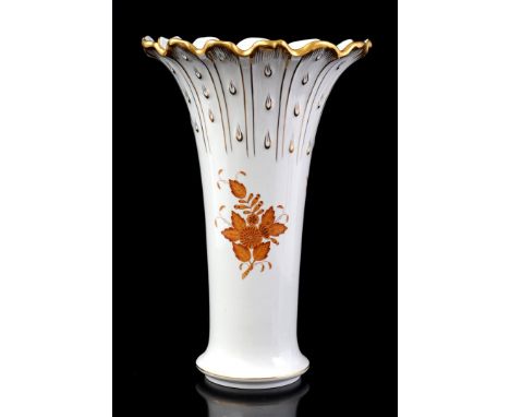 Herend Hungary porcelain flower vase with red/brown flower decor and gold-coloured accents 37 cm high, 24.5 cm diameter