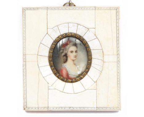 Unclearly signed, oval portrait of Mozart's bride, 4.5 x 3.5 cm in ivory frame 11 x 10 cm, Europe ca. 1900, 84.4 grams. With 