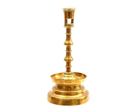 Brass button candlestick, 16th/17th century, 24 cm high. Provenance collection Castle Frymerson in Sint Odiliënberg