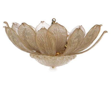 Venetian 6-light pendant lamp with glass Murano leaves and gold accents, attributed to Barovier&amp;Toso, Italy 1970s/1980s, 