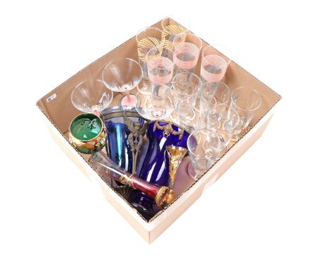 Box of various glassware b.u. vintage French (martini) glasses, blue glass with brass armature, hand painted glass