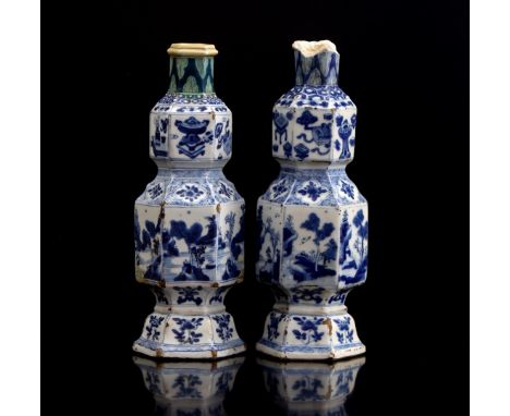 2 Chinese porcelain octagonal vases decorated with landscapes, symbolic objects and flowers, Kangxi period, around 1700, appr