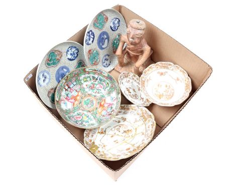 Box with two Chinese plates, Famille Rose bowl, porcelain bowl, saucer plate and earthenware narino coquero Columbia statue o