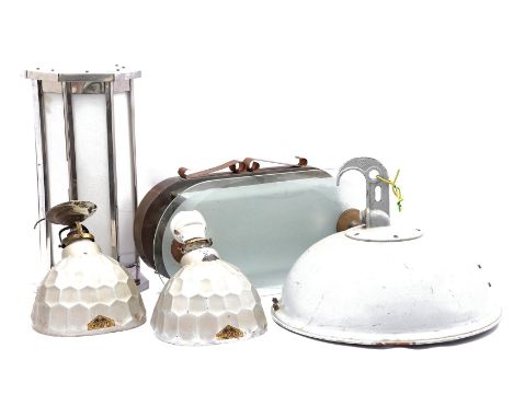 lot 5 lamps Wed. 2 Helioray lamps with mirror glass, Art Deco glass wall lamp with copper frame, 52 cm high, gray metal indus