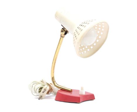 Metal mid-century bedside lamp with white perforated adjustable shade, brass stem and red base, approx. 21 cm high