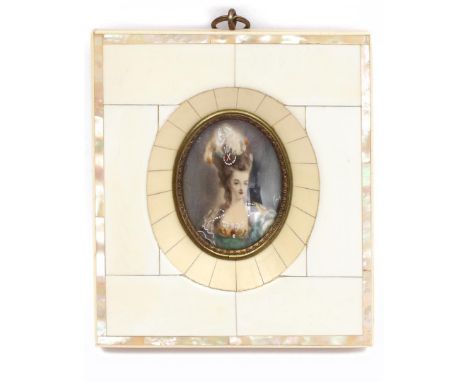 Oval miniature portrait of Marie Antoinette in an ivory frame, Europe ca. 1900, 11x10 cm, 93.3 grams. With certificate