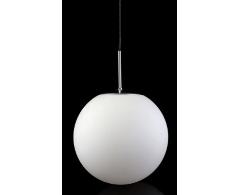 Opaline glass hanging lamp with metal frame, possibly RAAK, sphere 38 cm diameter