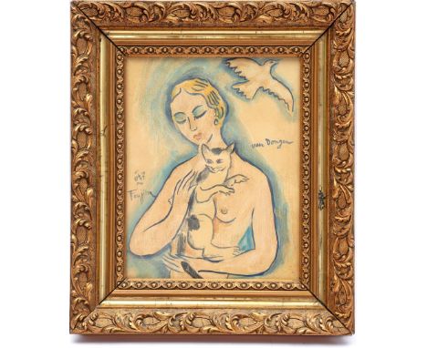 With signature van Dongen, Woman with cat, Foujita, color lithograph 27x21 cm
