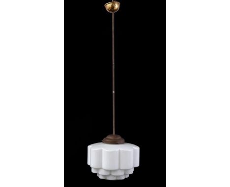 Art Deco opaline glass hanging lamp with copper frame 105 cm high