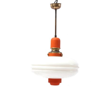 Opaline glass hanging lamp with orange lacquered copper frame, 1950s, 60 cm high, 35 cm diameter
