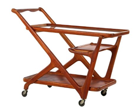 Cesare Lacca (1929-)Wheeled walnut trolley with glass top, removable tray and bottom shelf, design Cesare Lacca for Casina, I