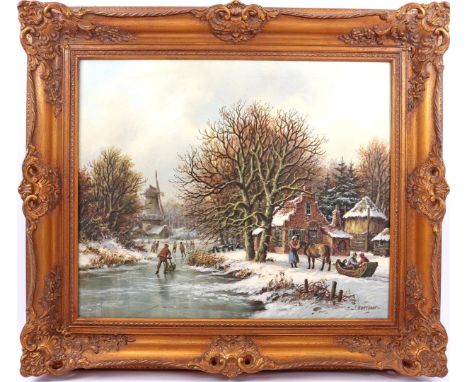 Monogram J Borghout, Dutch winter landscape with figures on the ice near a mill, canvas after an old master, 50x60 cm