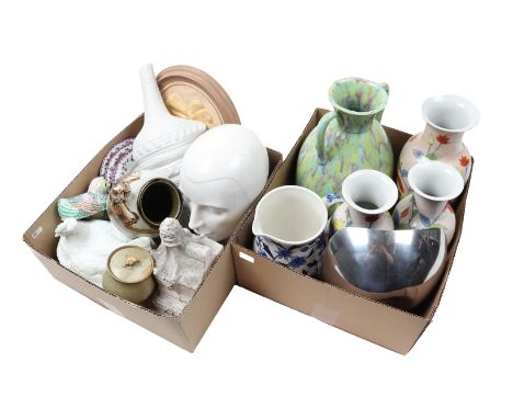 Box of ceramics w. display head, 3-piece set of vases with floral decor, bowl with enamel, jug with floral decor, polychrome 