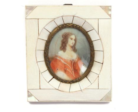 Oval miniature portrait of a woman with pearls in an ivory frame. Europe ca. 1920, 11x9.5 cm, 75.9 grams. With certificate