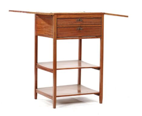 Walnut veneer on oak dummy servant with 2 drawers, folding leaves, extendable shelf at the back, bottom shelf and intarsia ed