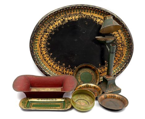 Lot consisting of 19th century oval metal painted tray 62x49 cm, lamp (incomplete), dish with painted bottom 34.5x20 cm, dish
