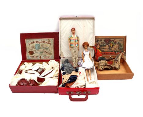 Box of enamel pans for dollhouse, GBN, Bing Nürnberg, 2 Barbie Midge dolls with various clothes and accessories and LS&amp;C 