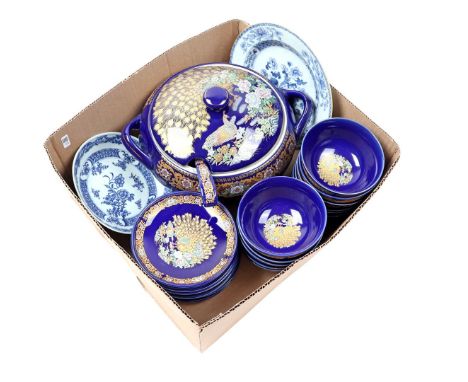 Box with Chinese porcelain dishes, soup tureen with spoon and 11 soup bowls with saucers