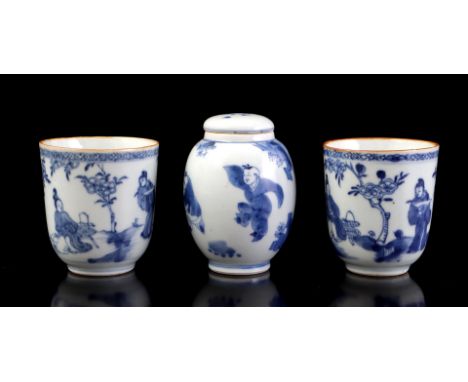 2 porcelain women's cups in a floral landscape, China Kangxi period, 8 cm high and 7.5 cm in diameter, and 1 porcelain tea ca