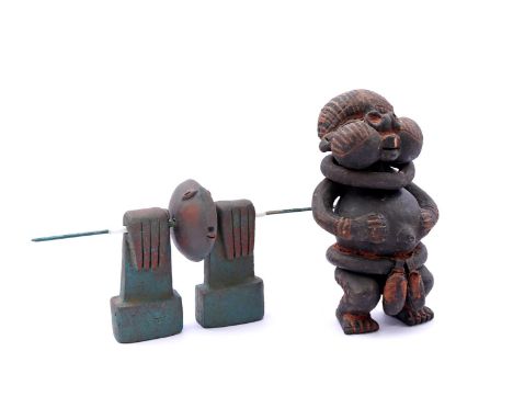 Anonymous, ceramic object of head and 2 hands 13 cm high and anonymous, earthenware statue of a figure 20.5 cm high