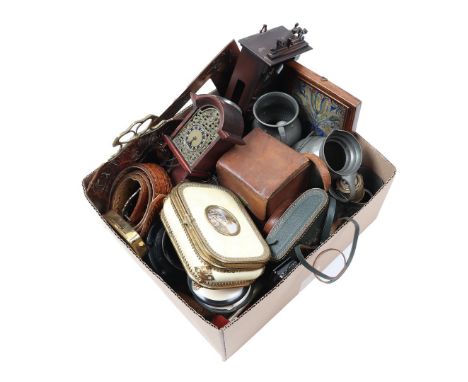 Box of various w.d. pewter objects, Jugendstil copper photo frame and tin, miniature regulator and Frisian tail clock, Russia