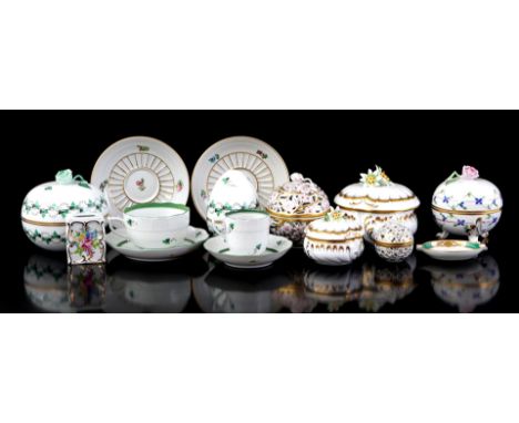 13 pieces Herend Hungary porcelain including lidded dishes, cups and saucers, matchbox holder and ashtray, various decors (da